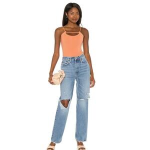 Lovers + Friends Johnson Back Tie Ribbed Thong Bodysuit In Terracotta Size XL